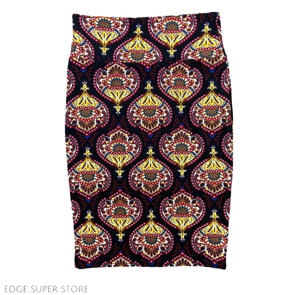 Lularoe Yellow Black Baroque Print Pencil Elastic Waist Stretch Skirt Size Small